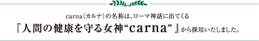 carna（カルナ）の名称は、ローマ神話に出てくる『人間の健康を守る女神”carna”』から採用しました。